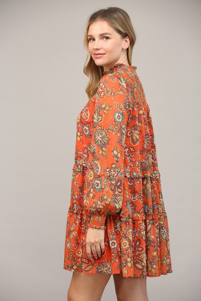 Muse Smocked Yoke Dress - Rust Orange