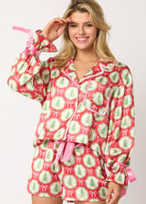 Satin Christmas Tree & Bow Pjs - Red/Green/Pink