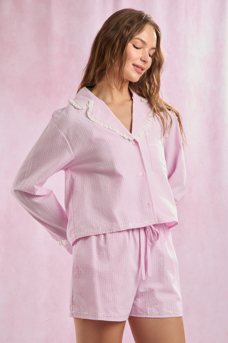 Rose Seersucker Stripe Bow Pajamas - LT Pink