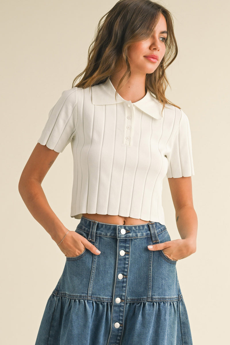 Stella Wide Ribbed Knitted Collar Top White