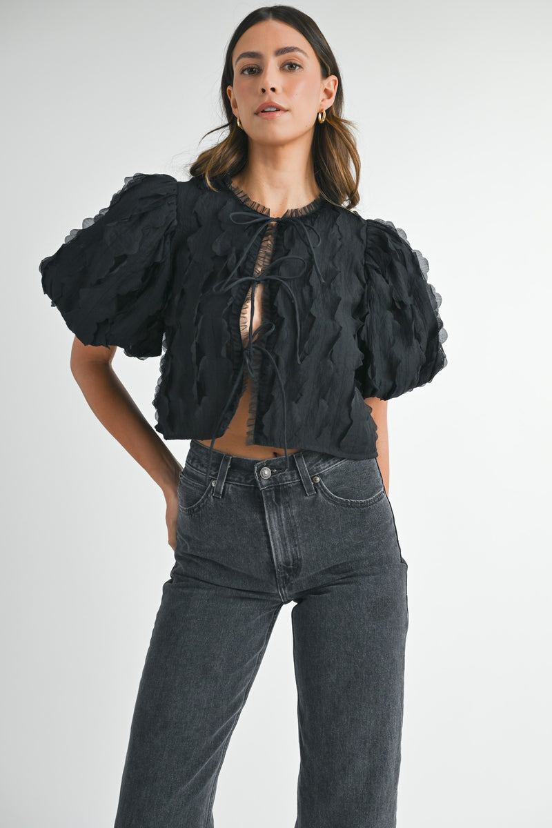 Tai Textured Puff Sleeve Top - Black