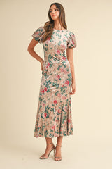 Lunetta Velvet Floral Midi Dress - LT Mocha