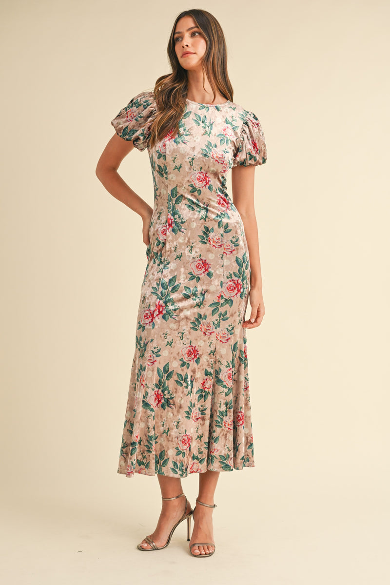 Lunetta Velvet Floral Midi Dress - LT Mocha