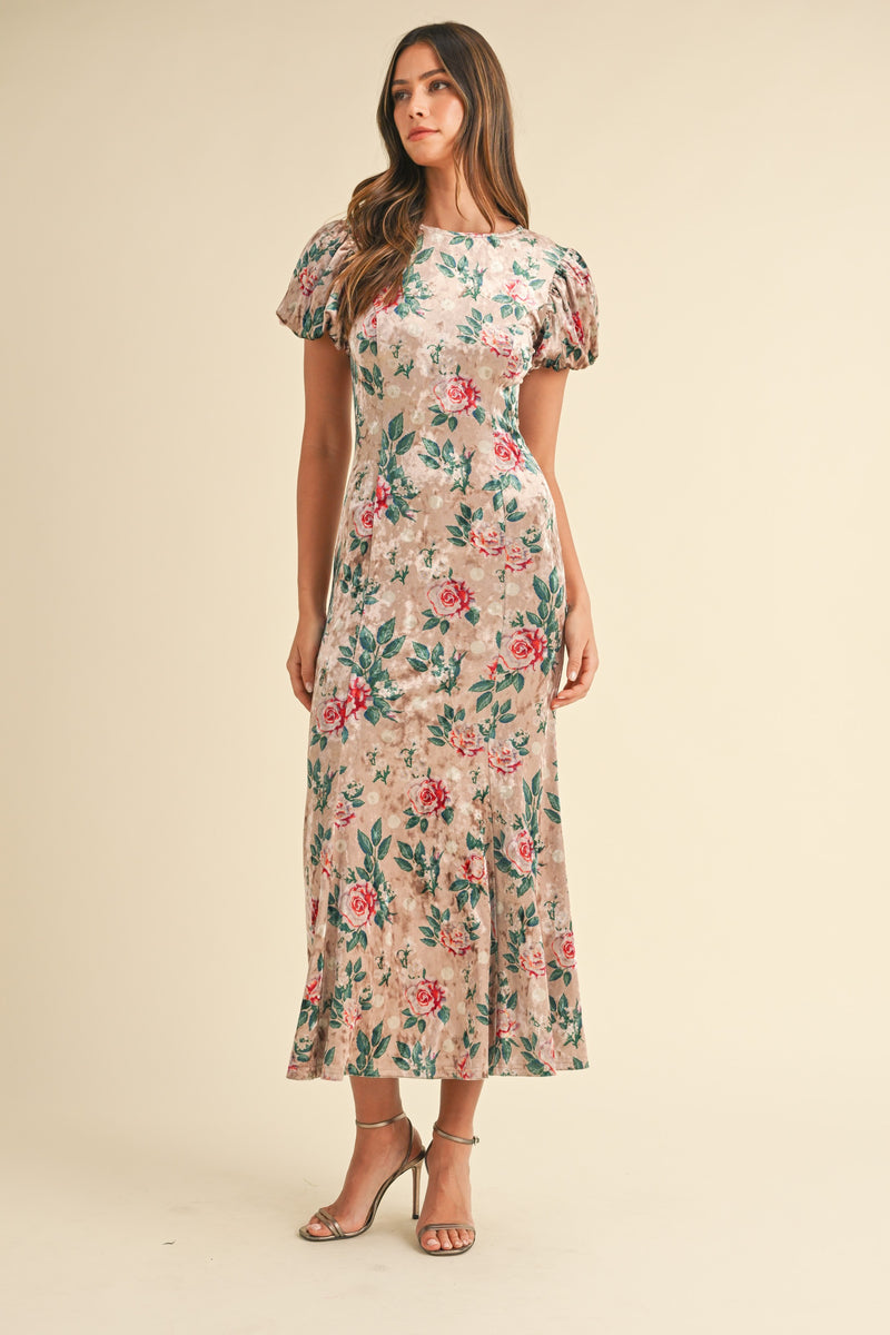 Lunetta Velvet Floral Midi Dress - LT Mocha