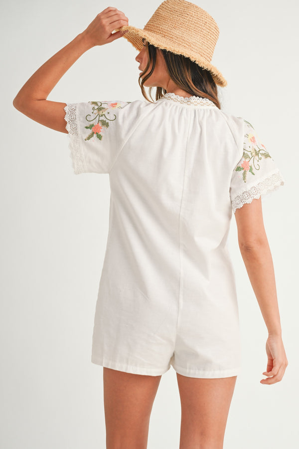 Avery Embroidered Romper - Cream