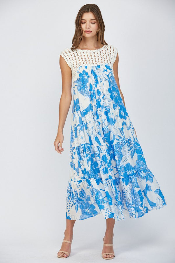 Callie Crochet Top Maxi Dress - White/Blue Multi
