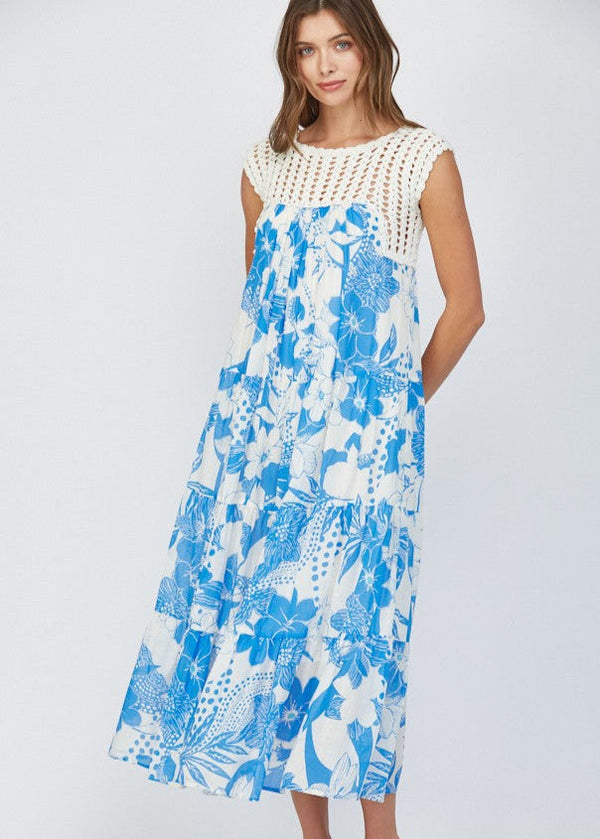 Callie Crochet Top Maxi Dress - White/Blue Multi