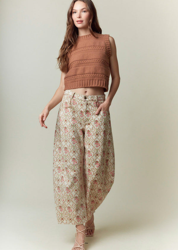 Jacquard Floral Printed Barrel Jeans - Pink/Orange