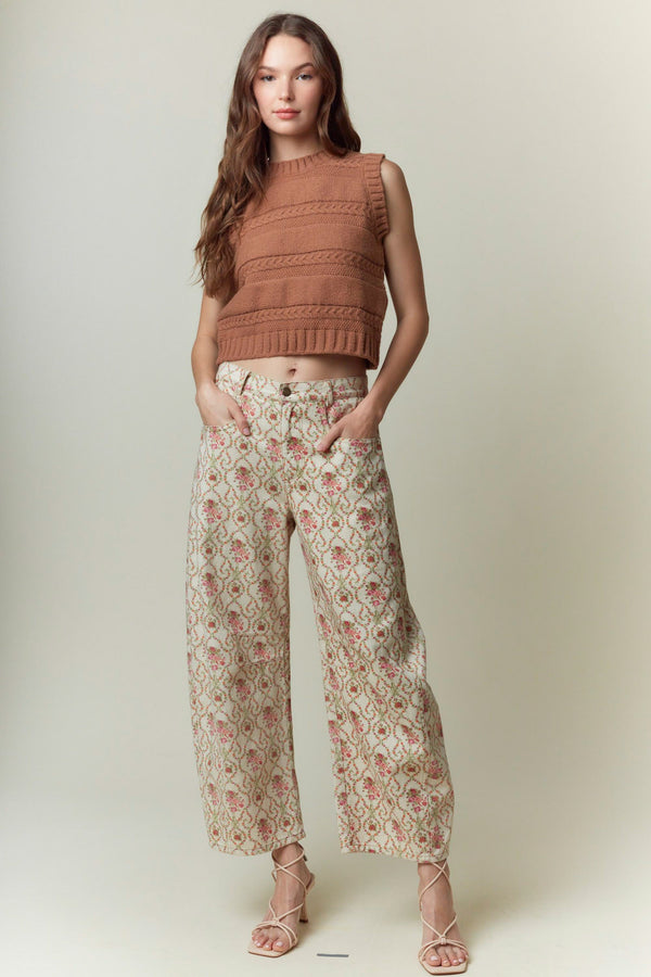 Jacquard Floral Printed Barrel Jeans - Pink/Orange