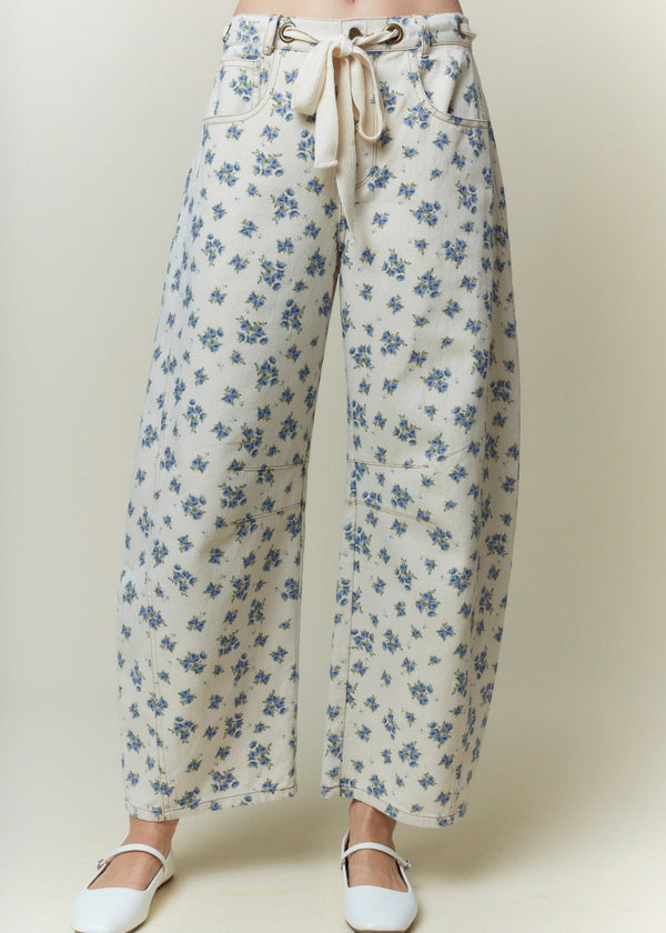 Jill Floral Barrel Jeans - Cream/Blue