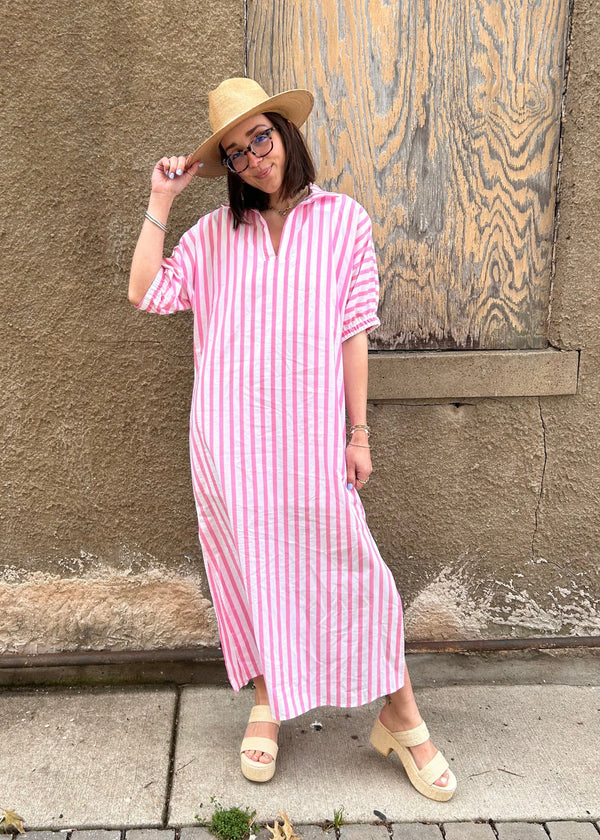 Blakely Stand Collar Midi Dress - Pink Ten Stripe