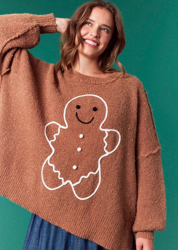 Gingerbread Man Oversized Sweater - Brown