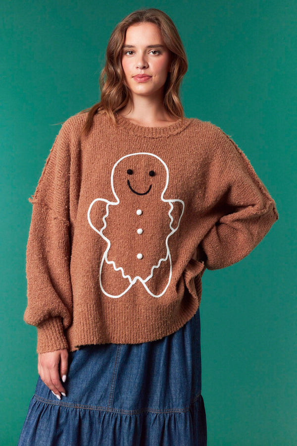 Gingerbread Man Oversized Sweater - Brown