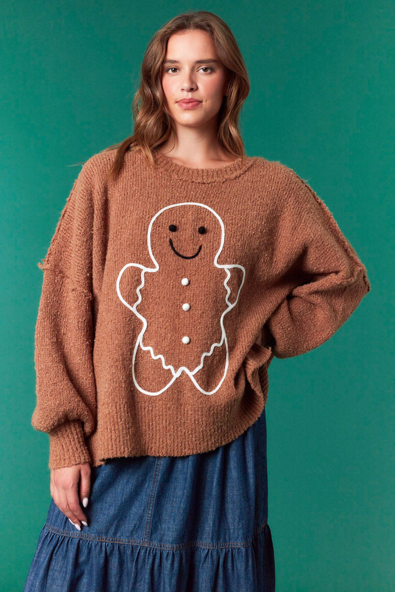 Gingerbread Man Oversized Sweater - Brown