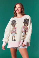 Sequins Bear Nutcracker Sweater - Ivory/Pink