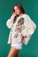 Sequins Bear Nutcracker Sweater - Ivory/Pink