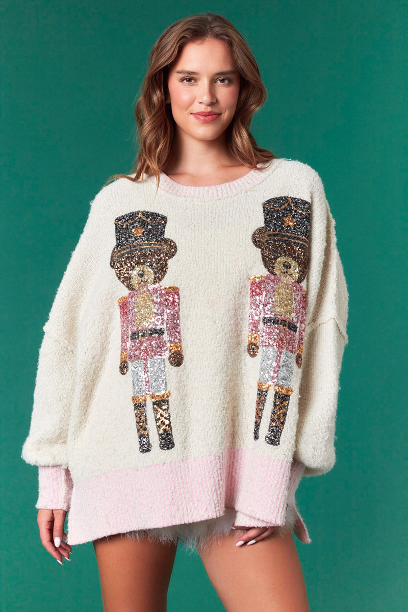 Sequins Bear Nutcracker Sweater - Ivory/Pink