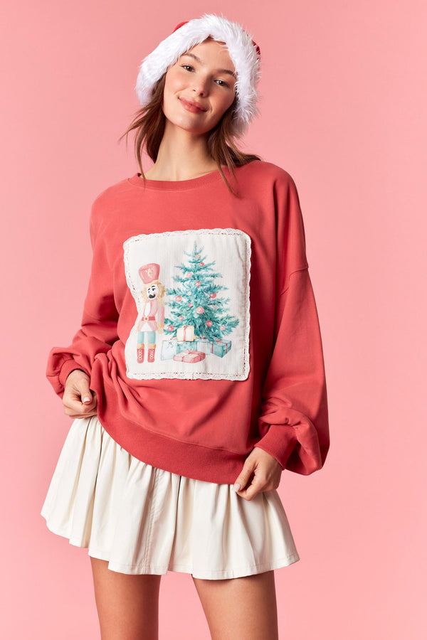 Christmas Patch Sweatshirt - Dark Coral