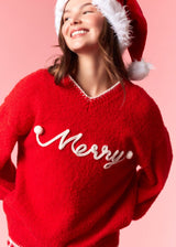 Embroidered Merry Sweater - Cherry Red