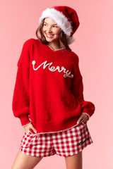 Embroidered Merry Sweater - Cherry Red