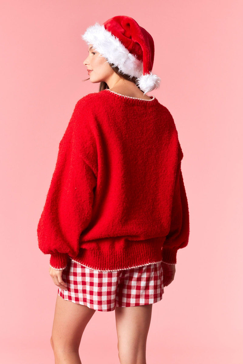Embroidered Merry Sweater - Cherry Red