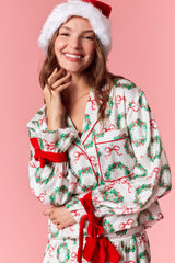Satin Christmas Wreath Pj Set - White/Red/Green