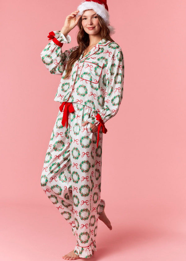 Satin Christmas Wreath Pj Set - White/Red/Green