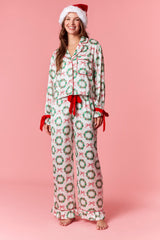 Satin Christmas Wreath Pj Set - White/Red/Green