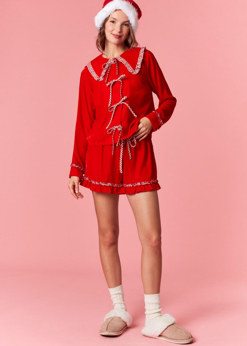 Gingham Ruffle Collar Pj Set - Red