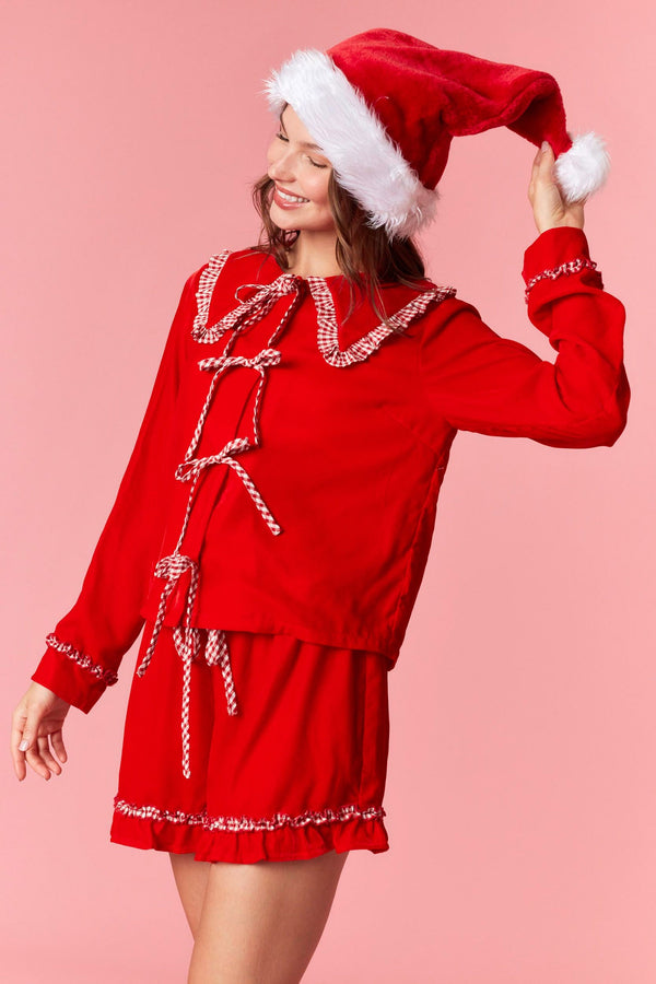 Gingham Ruffle Collar Pj Set - Red