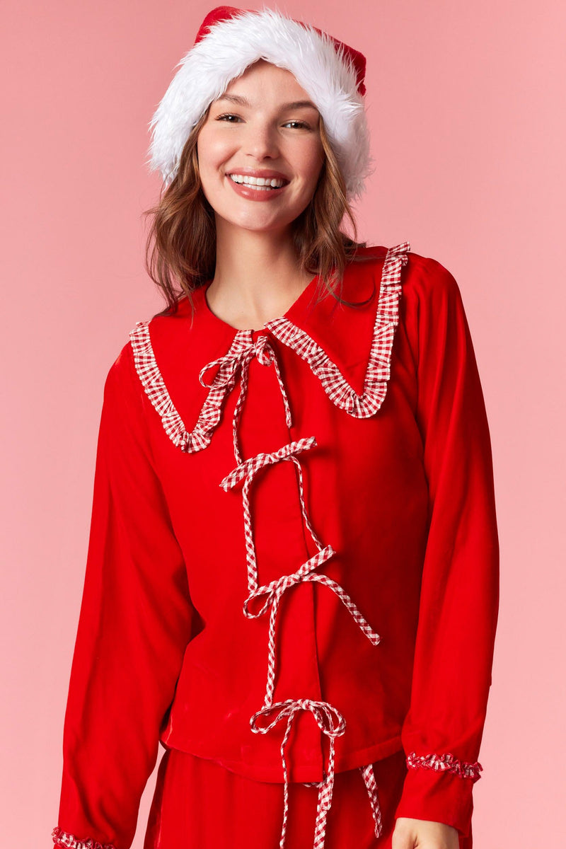 Gingham Ruffle Collar Pj Set - Red