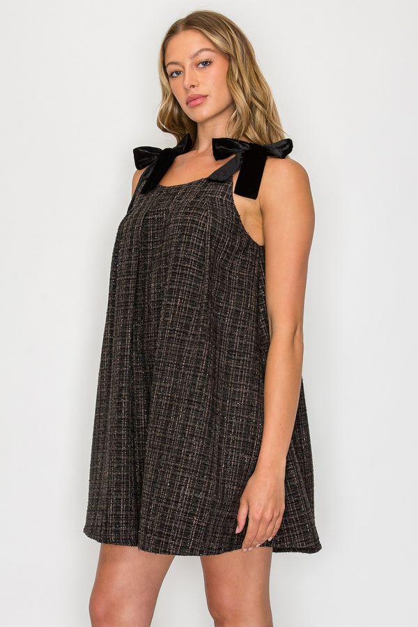 Ebony Tweed Tie Shoulder Dress - Black
