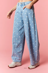 Chic Polka Dot Barrel Jeans - Lt Denim