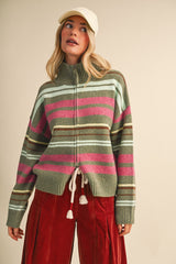 Sadie Striped Zip Up Cardi - Jade Multi