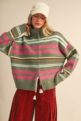 Sadie Striped Zip Up Cardi - Jade Multi