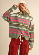 Sadie Striped Zip Up Cardi - Jade Multi