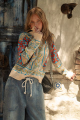 Paisley Knit Pullover Sweater - Rust Aqua Multi