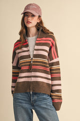 Sadie Striped Zip Up Cardi - Hazelnut Multi