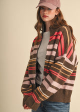 Sadie Striped Zip Up Cardi - Hazelnut Multi