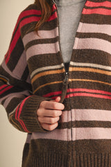 Sadie Striped Zip Up Cardi - Hazelnut Multi
