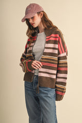 Sadie Striped Zip Up Cardi - Hazelnut Multi