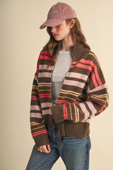 Sadie Striped Zip Up Cardi - Hazelnut Multi