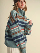 Sadie Striped Zip Up Cardi - Turquoise Multi