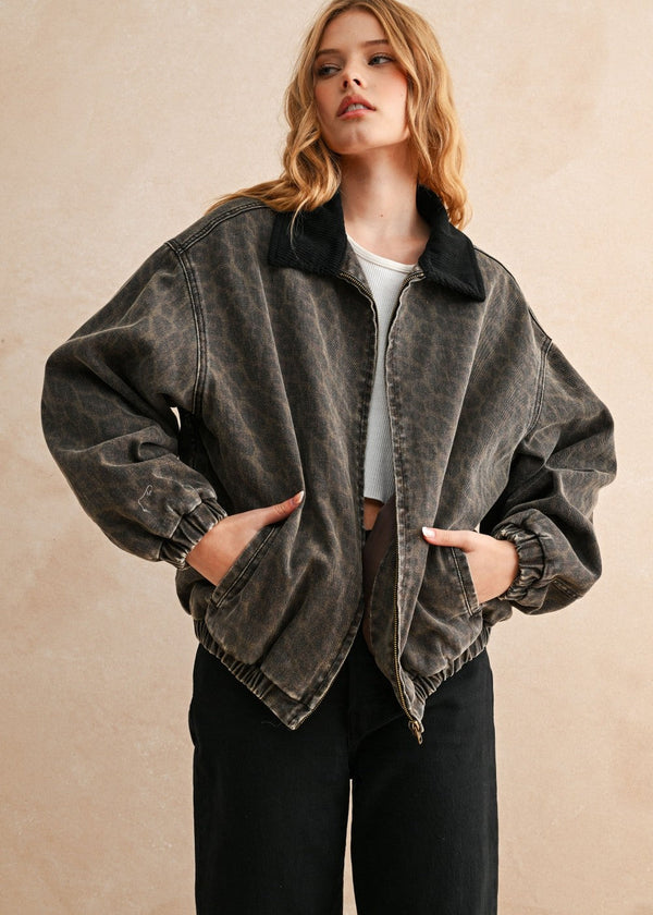 Leopard Bomber Jacket - Black
