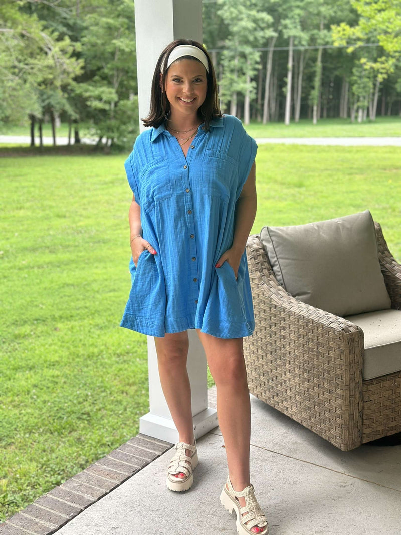 Elan | Sutton Oversized Button Down Dress - Sky Blue