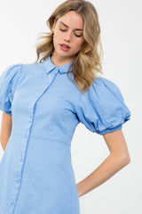Peri Puff Sleeve Button Up Dress - Blue