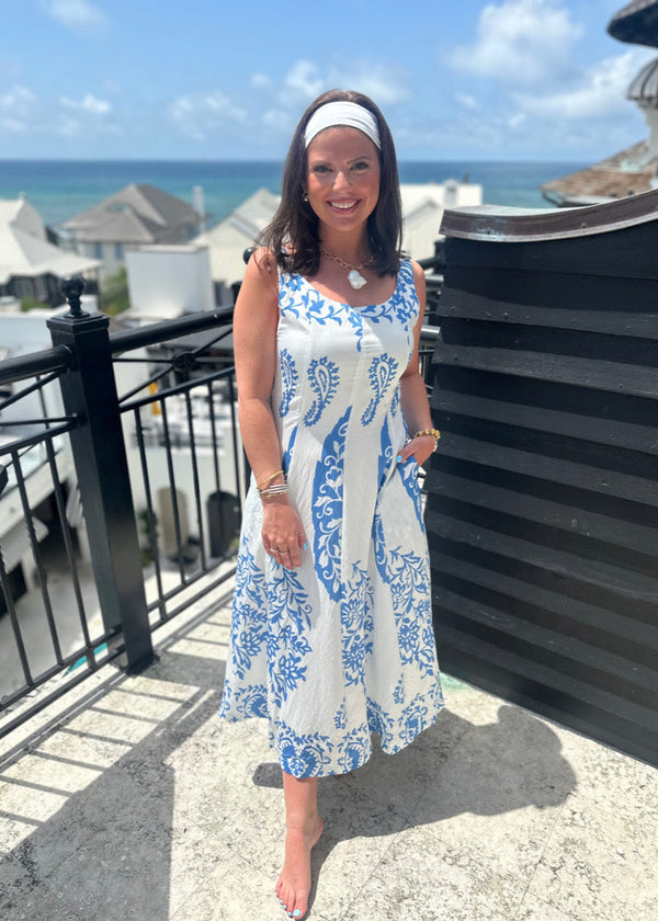 Nantucket Print Midi Dress - Blue