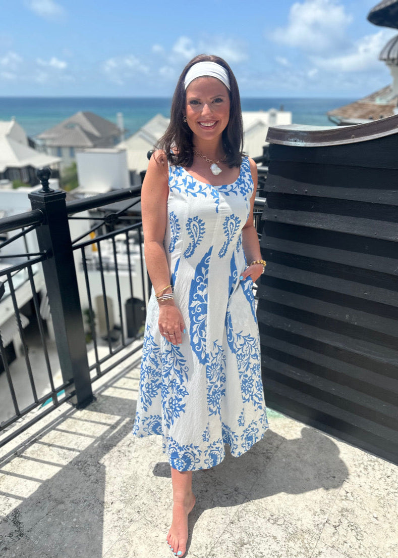 Nantucket Print Midi Dress - Blue
