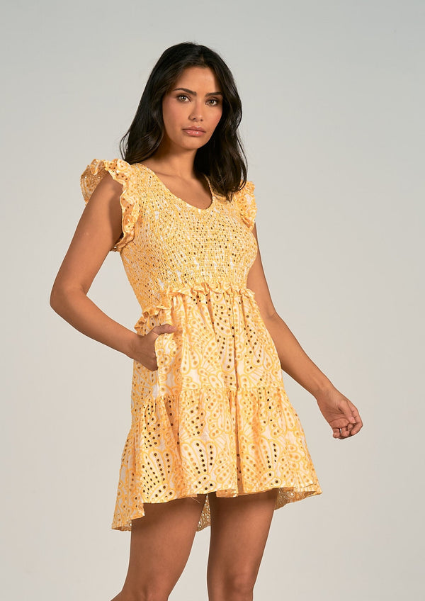 Elan: Eyelet White Yellow Dress