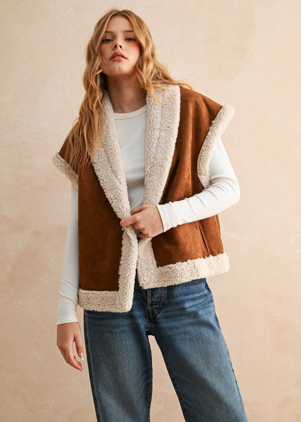 Cowboy Sherpa Contrast Vest - Brown